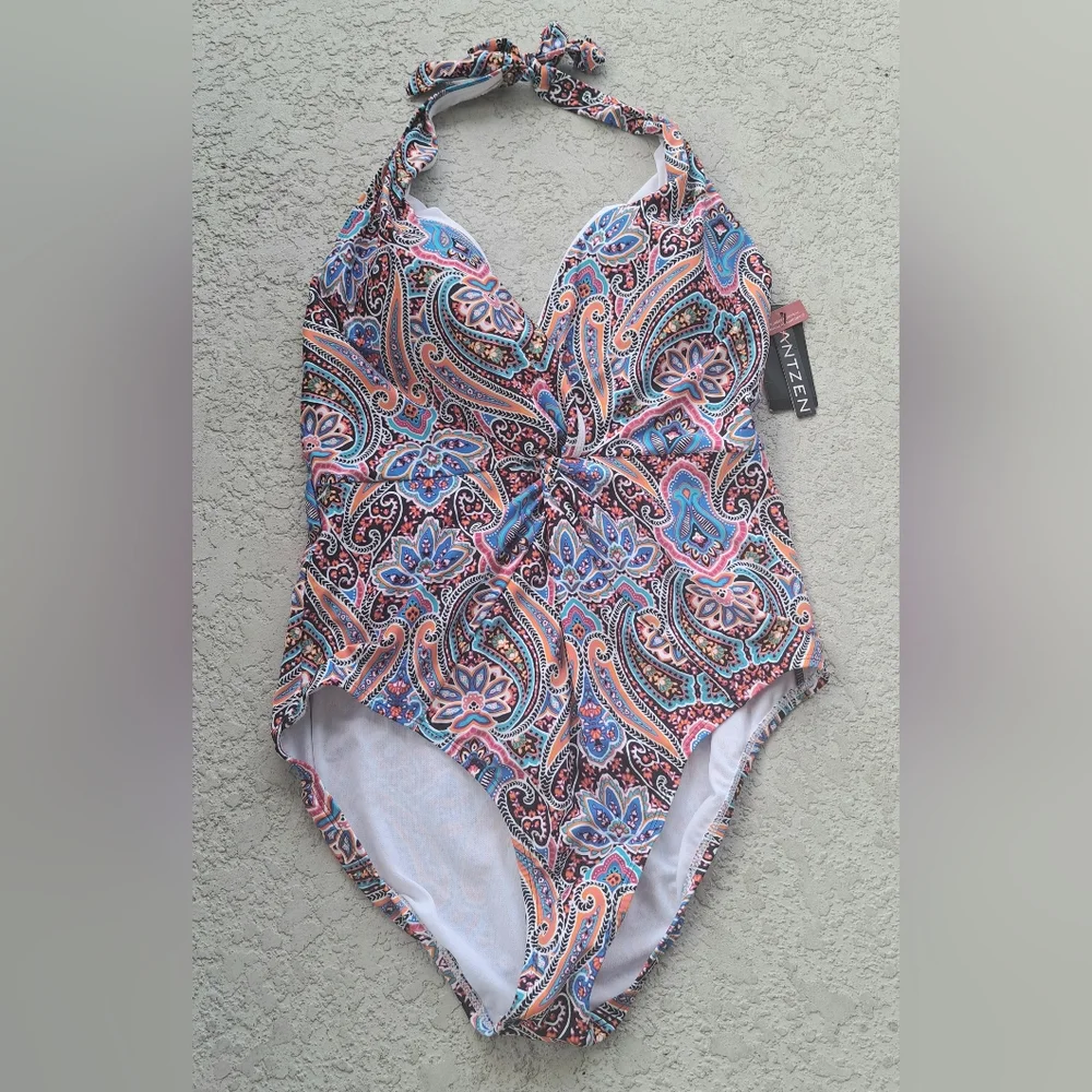 Jantzen Multicolor Paisley Halter One-Piece Swimsuit - Blue, Pink, Cream